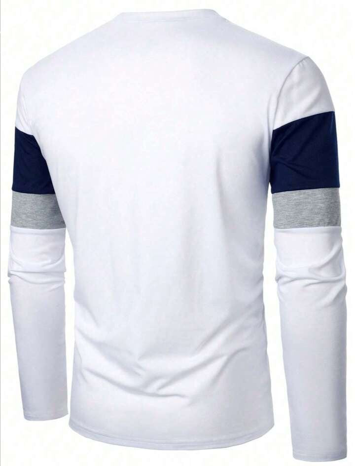 Camiseta de manga larga con cuello redondo, de estilo casual y sencillo, con bloques de color y parches, para hombres, para el otoño