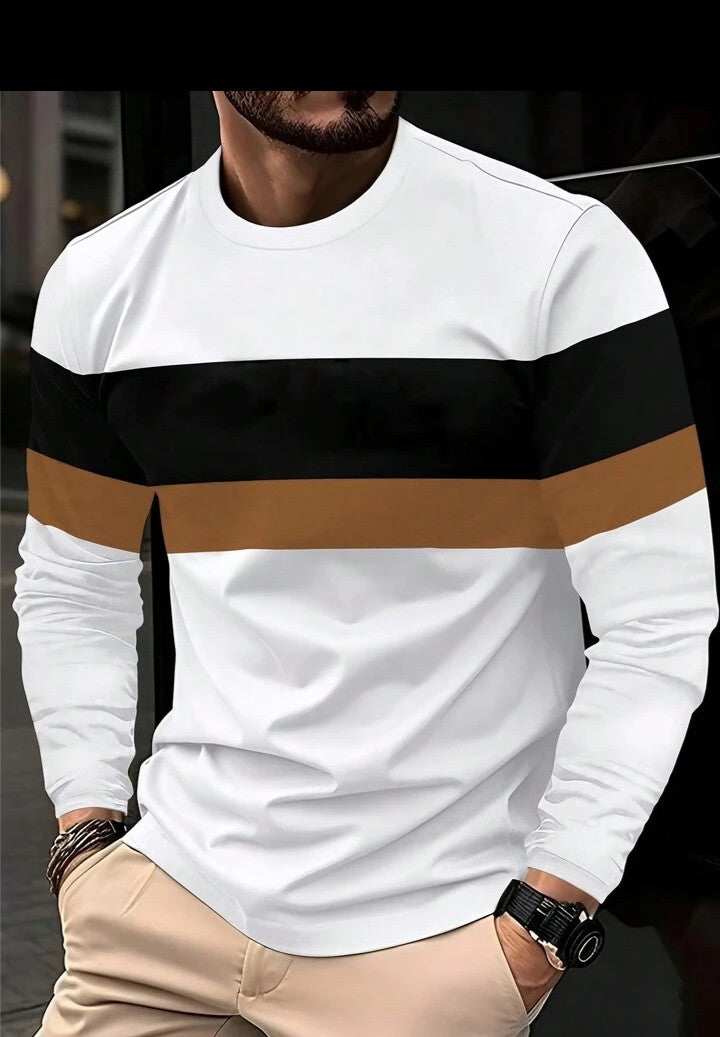 Camiseta de manga larga con cuello redondo, de estilo casual y sencillo, con bloques de color y parches, para hombres, para el otoño