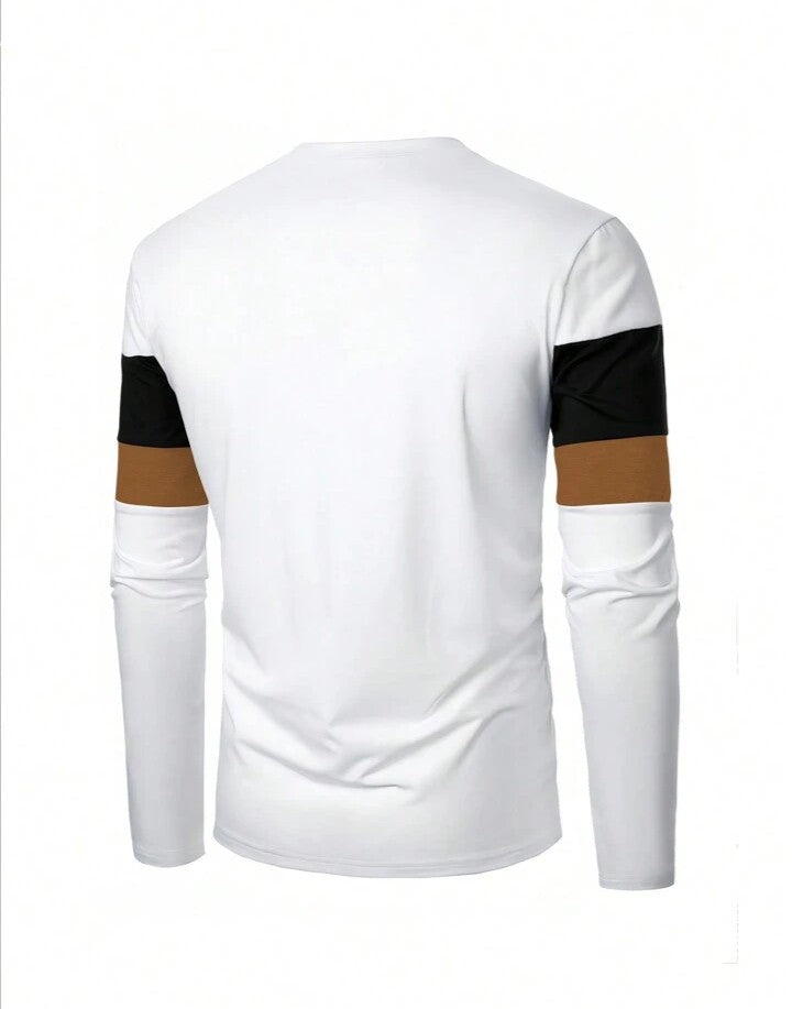 Camiseta de manga larga con cuello redondo, de estilo casual y sencillo, con bloques de color y parches, para hombres, para el otoño