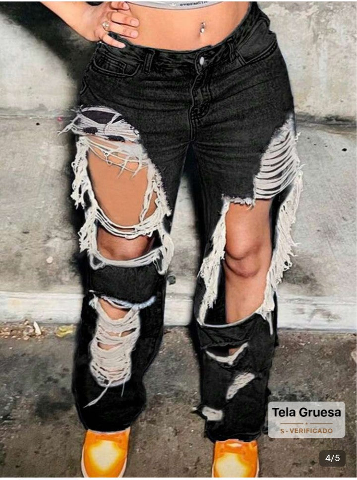 Jeans rectos con bolsillos sesgados, rotos y recortados, estilo callejero y de rave de los 90, casuales para