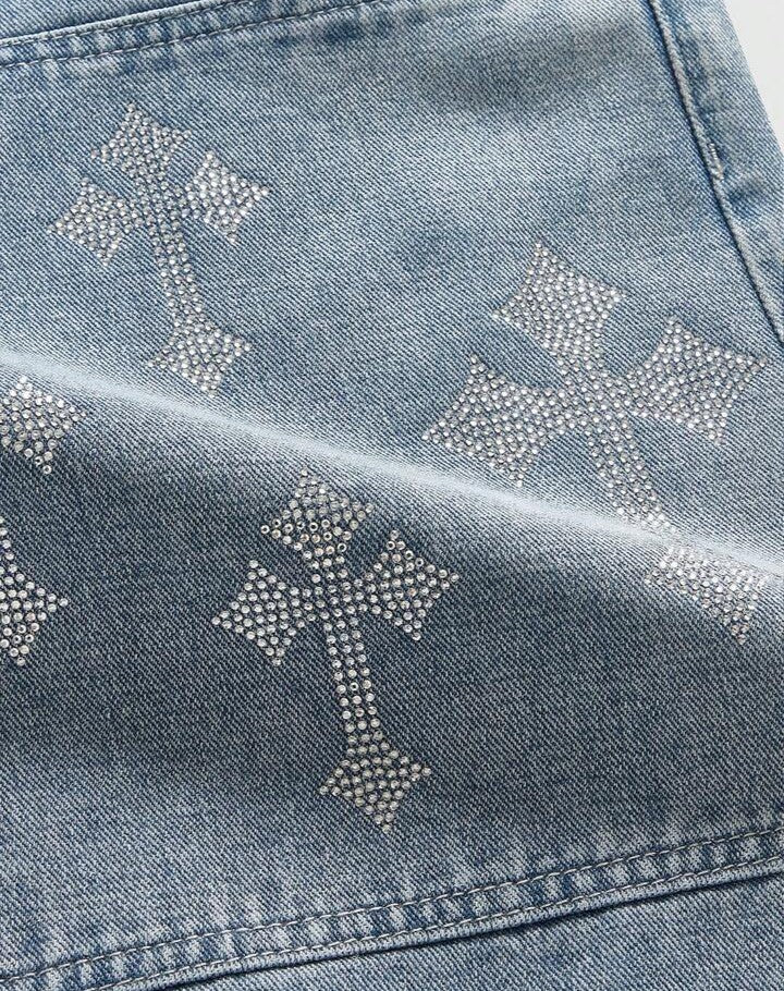 ROMWE MEN Street Life Pantalones cortos vaqueros de corte holgado para hombre con cinturón de diamantes brillantes