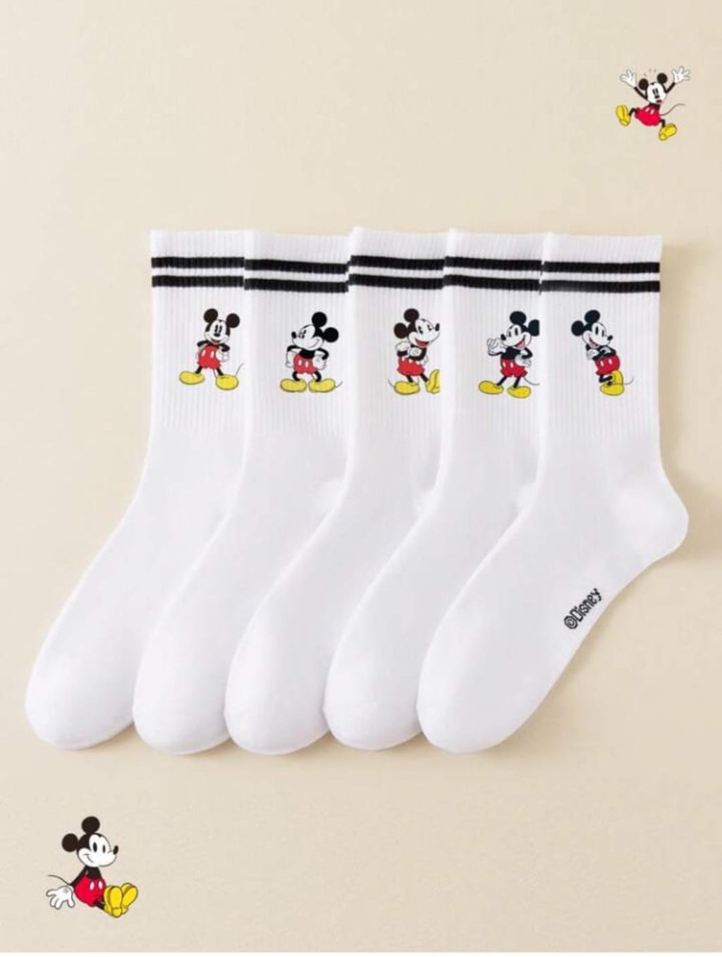 Disney 1/5 pares de calcetines con estilo de campus para primavera/verano con doble raya, adorable patrón de dibujos animados de Mickey Mouse,