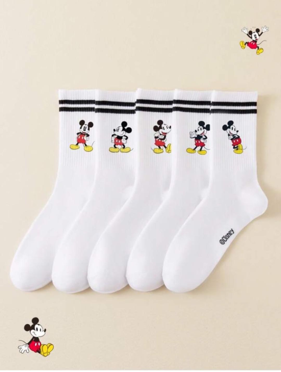 Disney 1/5 pares de calcetines con estilo de campus para primavera/verano con doble raya, adorable patrón de dibujos animados de Mickey Mouse,