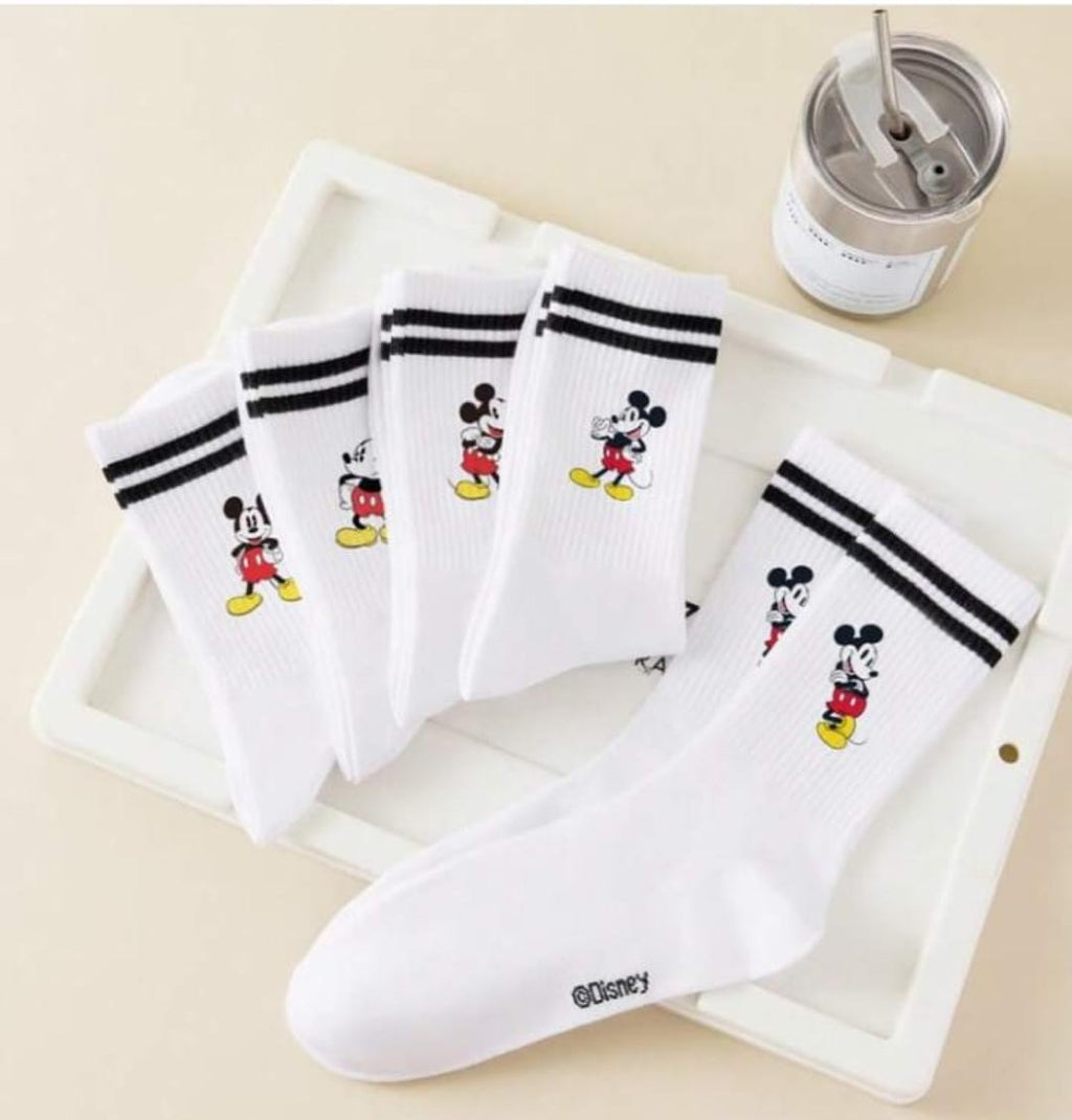 Disney 1/5 pares de calcetines con estilo de campus para primavera/verano con doble raya, adorable patrón de dibujos animados de Mickey Mouse,