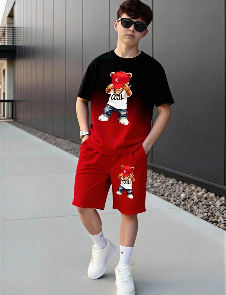 .....  Set de 2 piezas: Camiseta de manga corta con cuello redondo y estampado de oso degradado + Pantalones cortos con bolsillo, conjunto casual y lindo para niños