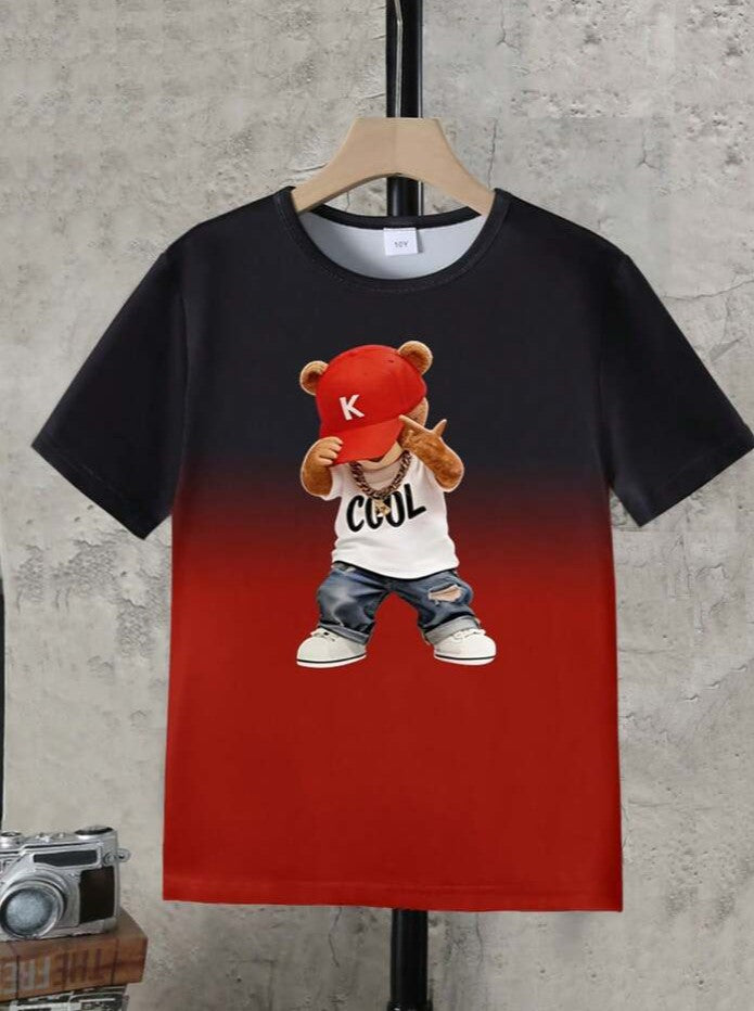 .....  Set de 2 piezas: Camiseta de manga corta con cuello redondo y estampado de oso degradado + Pantalones cortos con bolsillo, conjunto casual y lindo para niños