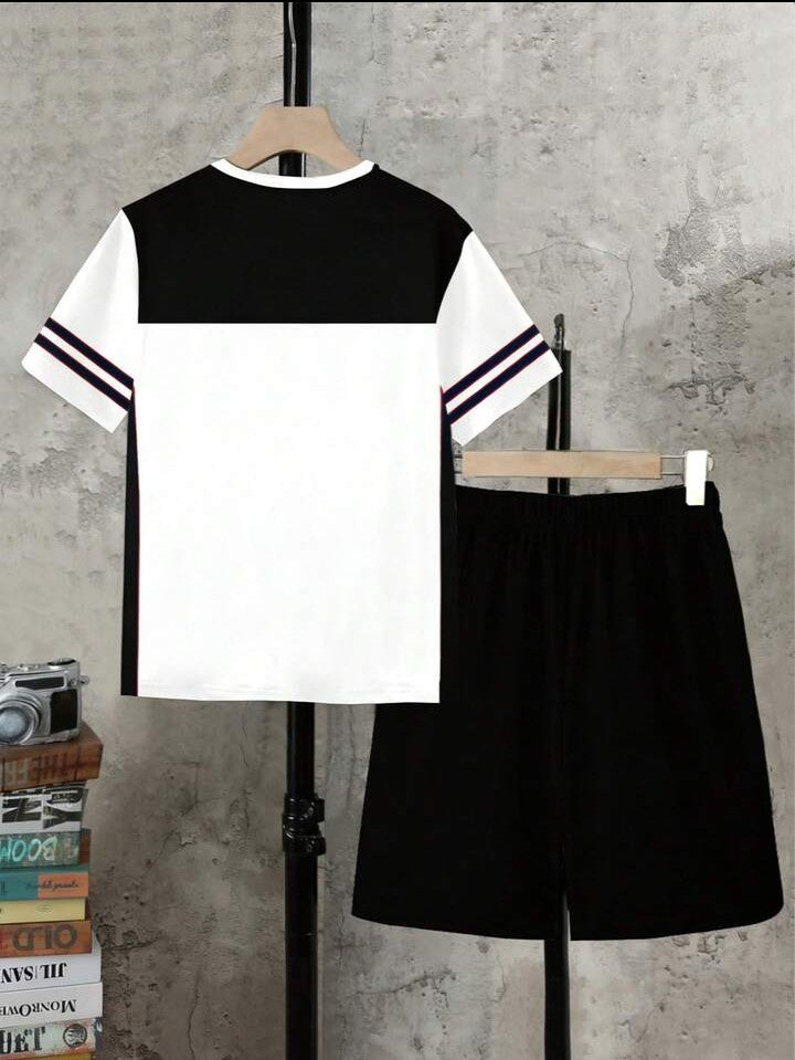 .....  Set de 2 piezas: Camiseta de manga corta con cuello redondo y estampado de oso degradado + Pantalones cortos con bolsillo, conjunto casual y lindo para niños