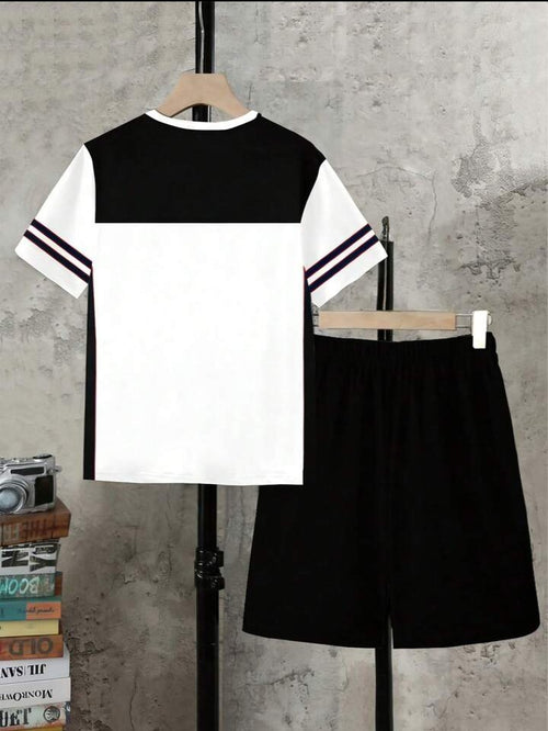 .....  Set de 2 piezas: Camiseta de manga corta con cuello redondo y estampado de oso degradado + Pantalones cortos con bolsillo, conjunto casual y lindo para niños