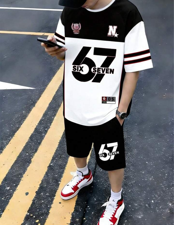 .....  Set de 2 piezas: Camiseta de manga corta con cuello redondo y estampado de oso degradado + Pantalones cortos con bolsillo, conjunto casual y lindo para niños