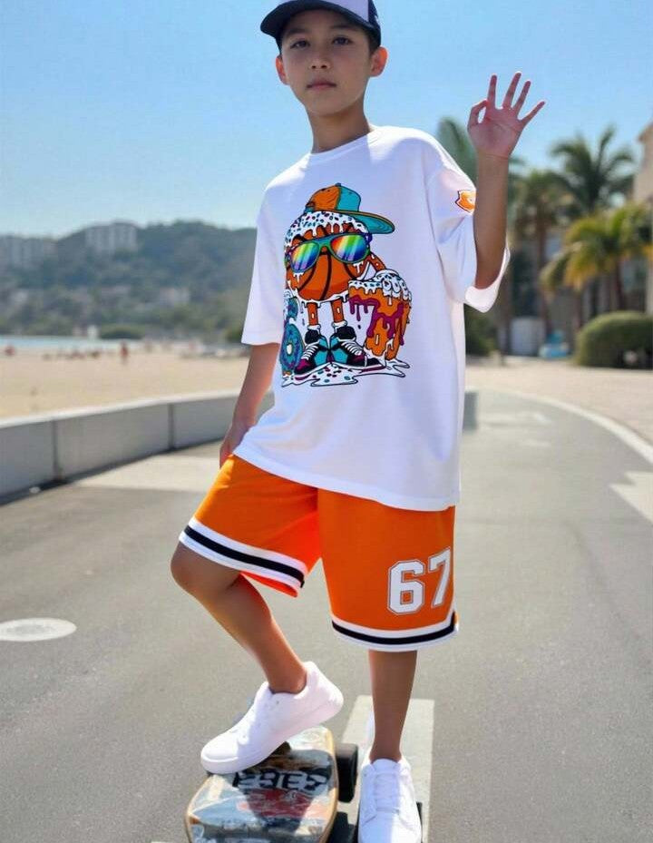 .....  Set de 2 piezas: Camiseta de manga corta con cuello redondo y estampado de oso degradado + Pantalones cortos con bolsillo, conjunto casual y lindo para niños