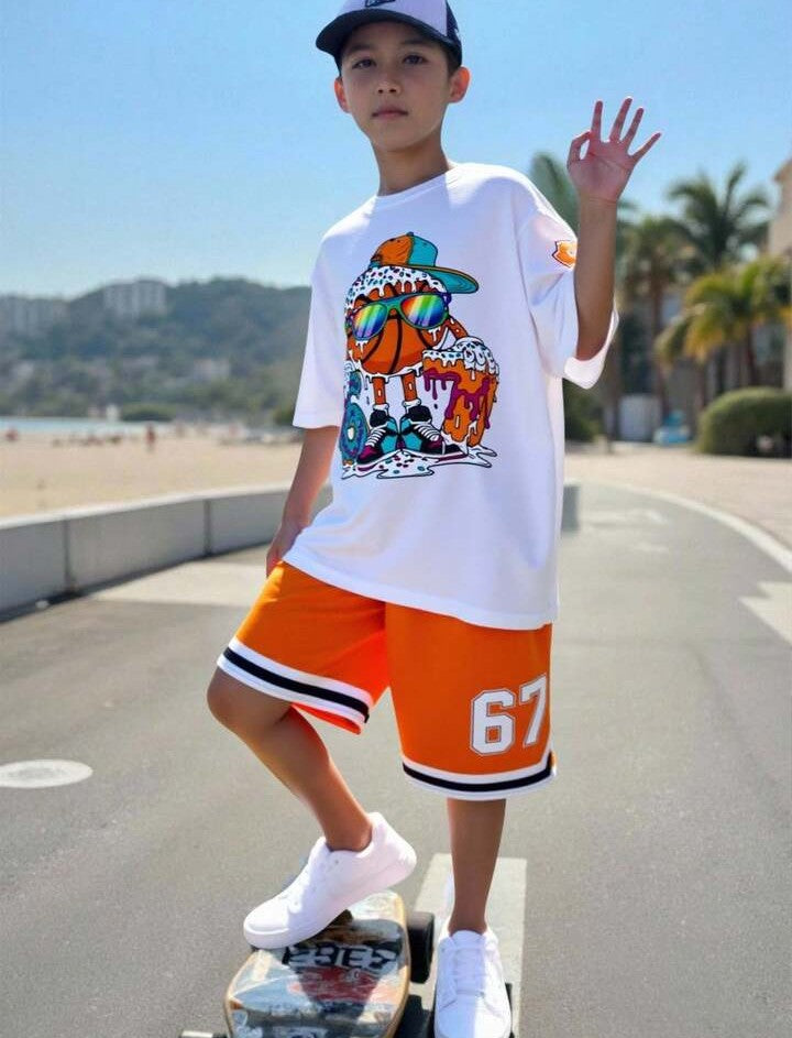 .....  Set de 2 piezas: Camiseta de manga corta con cuello redondo y estampado de oso degradado + Pantalones cortos con bolsillo, conjunto casual y lindo para niños