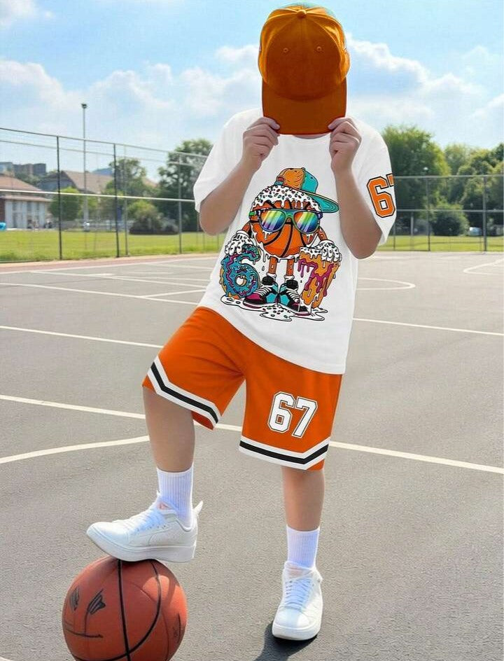 .....  Set de 2 piezas: Camiseta de manga corta con cuello redondo y estampado de oso degradado + Pantalones cortos con bolsillo, conjunto casual y lindo para niños