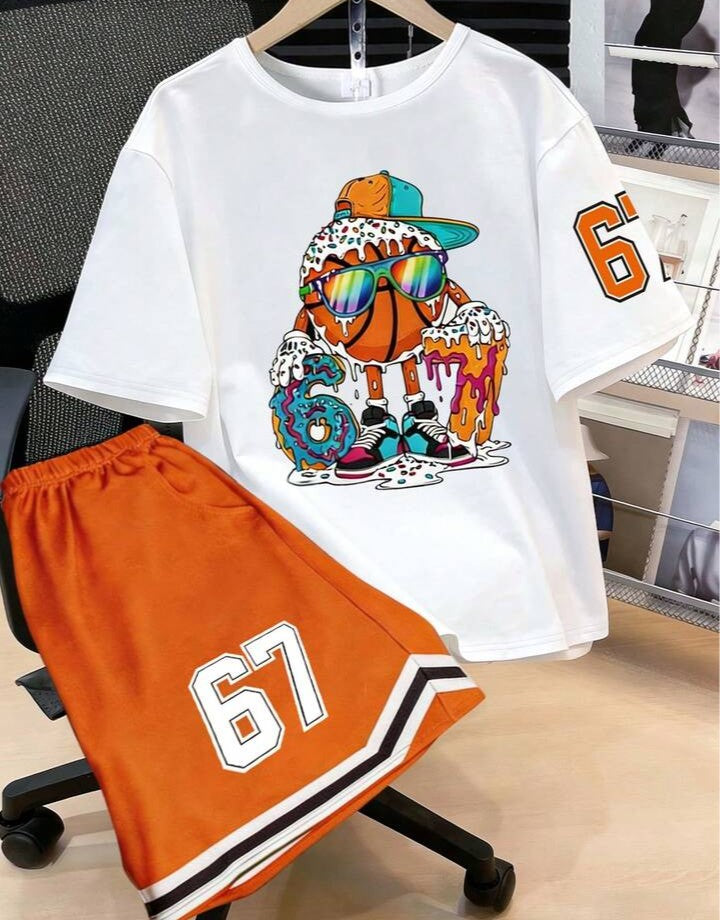 .....  Set de 2 piezas: Camiseta de manga corta con cuello redondo y estampado de oso degradado + Pantalones cortos con bolsillo, conjunto casual y lindo para niños