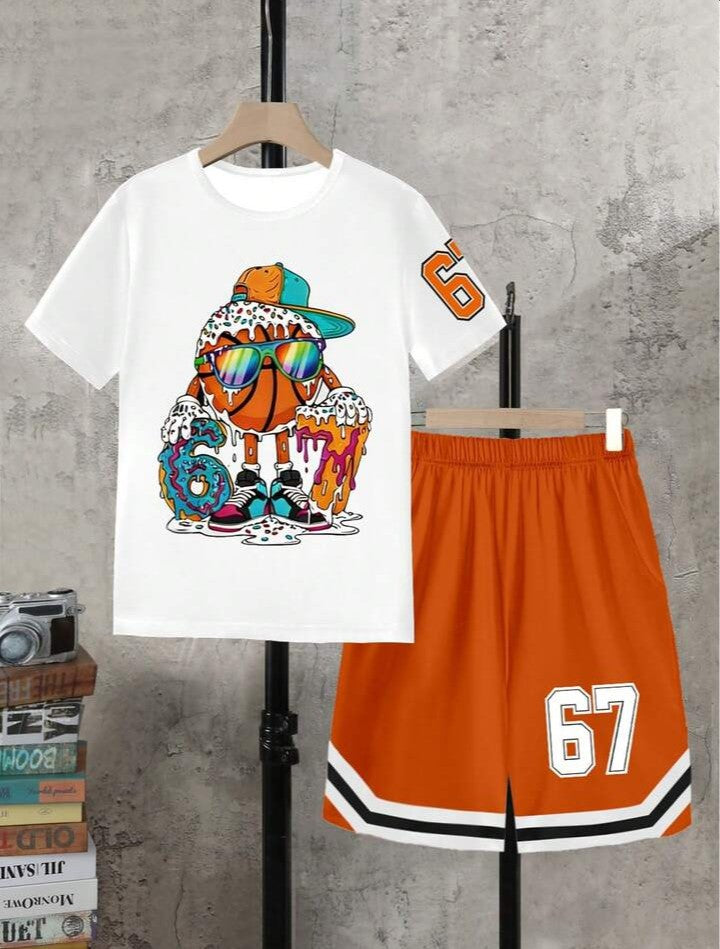 .....  Set de 2 piezas: Camiseta de manga corta con cuello redondo y estampado de oso degradado + Pantalones cortos con bolsillo, conjunto casual y lindo para niños