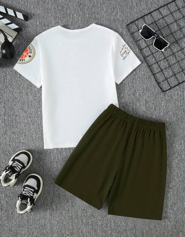 .....  Set de 2 piezas: Camiseta de manga corta con cuello redondo y estampado de oso degradado + Pantalones cortos con bolsillo, conjunto casual y lindo para niños