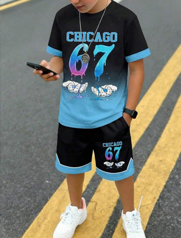 .....  Set de 2 piezas: Camiseta de manga corta con cuello redondo y estampado de oso degradado + Pantalones cortos con bolsillo, conjunto casual y lindo para niños