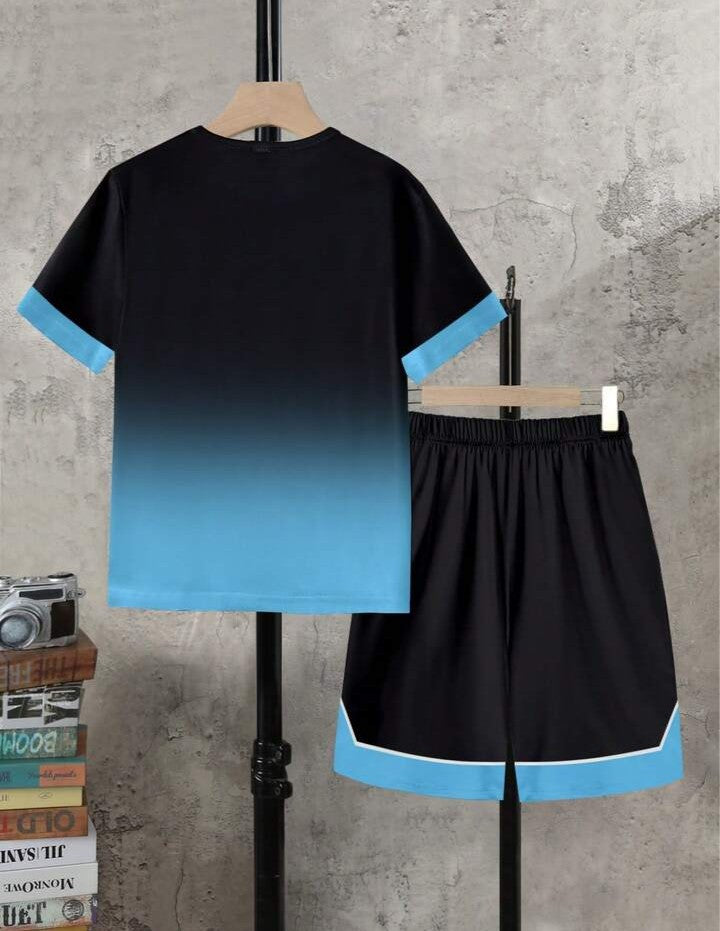 .....  Set de 2 piezas: Camiseta de manga corta con cuello redondo y estampado de oso degradado + Pantalones cortos con bolsillo, conjunto casual y lindo para niños