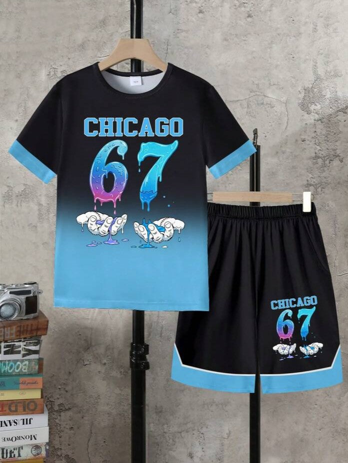 .....  Set de 2 piezas: Camiseta de manga corta con cuello redondo y estampado de oso degradado + Pantalones cortos con bolsillo, conjunto casual y lindo para niños