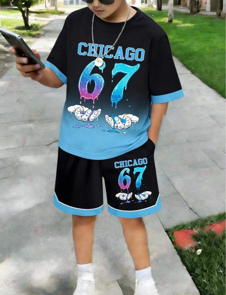 .....  Set de 2 piezas: Camiseta de manga corta con cuello redondo y estampado de oso degradado + Pantalones cortos con bolsillo, conjunto casual y lindo para niños