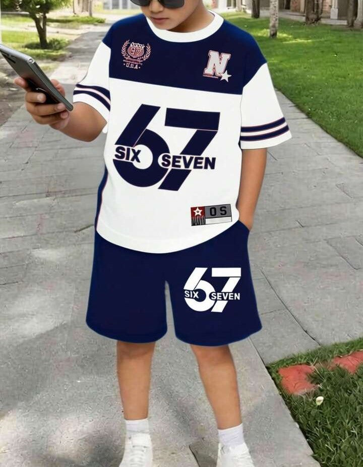 .....  Set de 2 piezas: Camiseta de manga corta con cuello redondo y estampado de oso degradado + Pantalones cortos con bolsillo, conjunto casual y lindo para niños