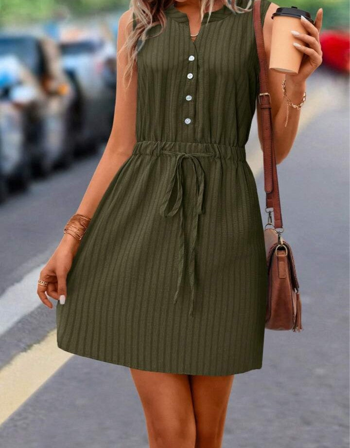 Vestido Casual De Verano Con Rayas Y Cordon Ajustable En La Cintura Sin Mangas.