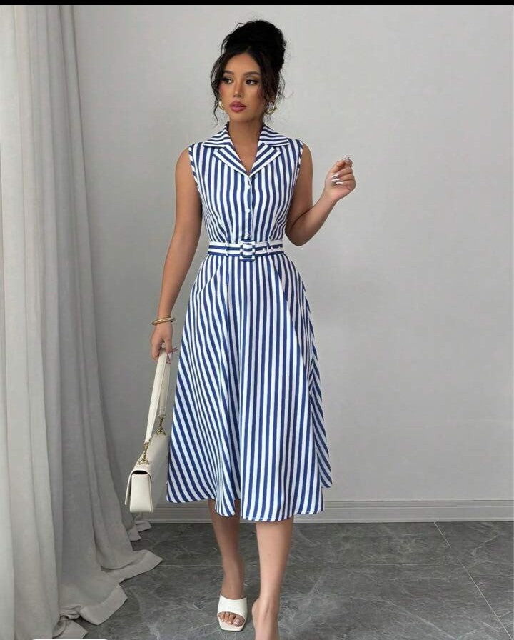 Elenzga Vestido de verano sin mangas a rayas para mujer