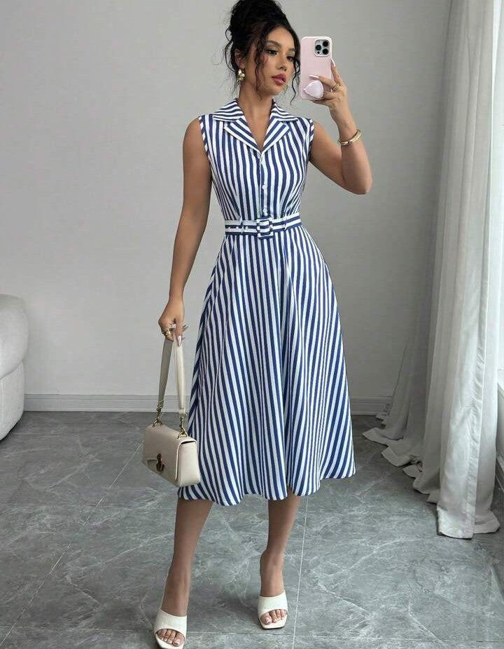 Elenzga Vestido de verano sin mangas a rayas para mujer