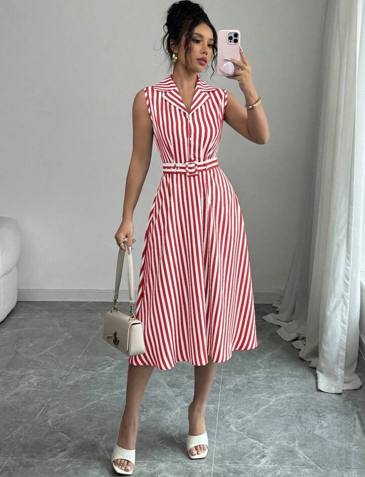 Elenzga Vestido de verano sin mangas a rayas para mujer