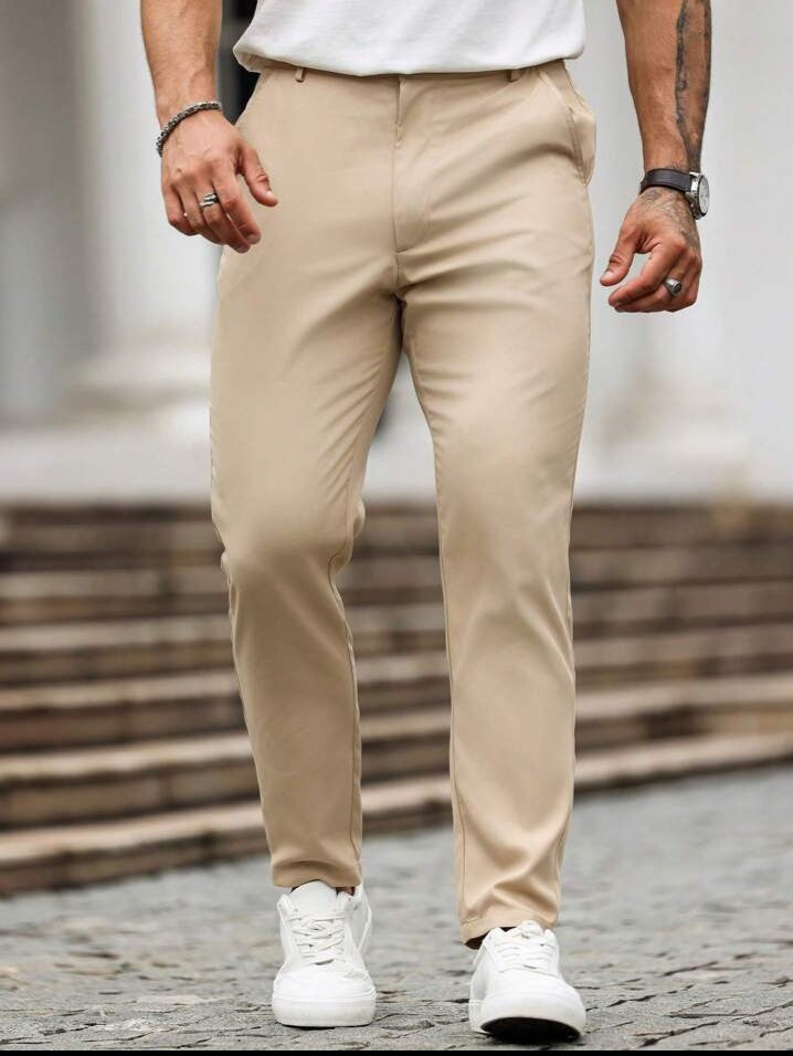 Manfinity Homme Pantalones casuales minimalistas de unicolor con botones y bolsillo para hombres, otoño