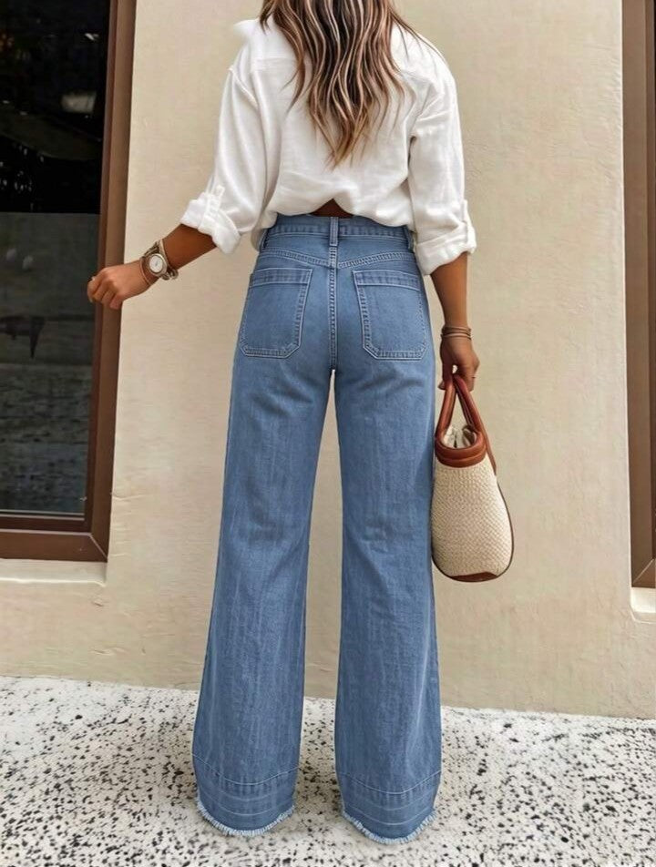 ...Nuevos pantalones vaqueros de pierna ancha de ajuste holgado y de alta calidad para mujer, cómodos, aptos para todas las estaciones, atuendo elegante diario de primavera