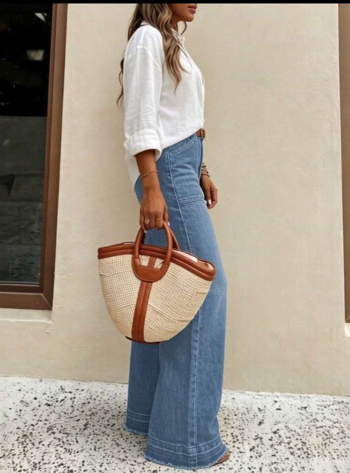 ...Nuevos pantalones vaqueros de pierna ancha de ajuste holgado y de alta calidad para mujer, cómodos, aptos para todas las estaciones, atuendo elegante diario de primavera