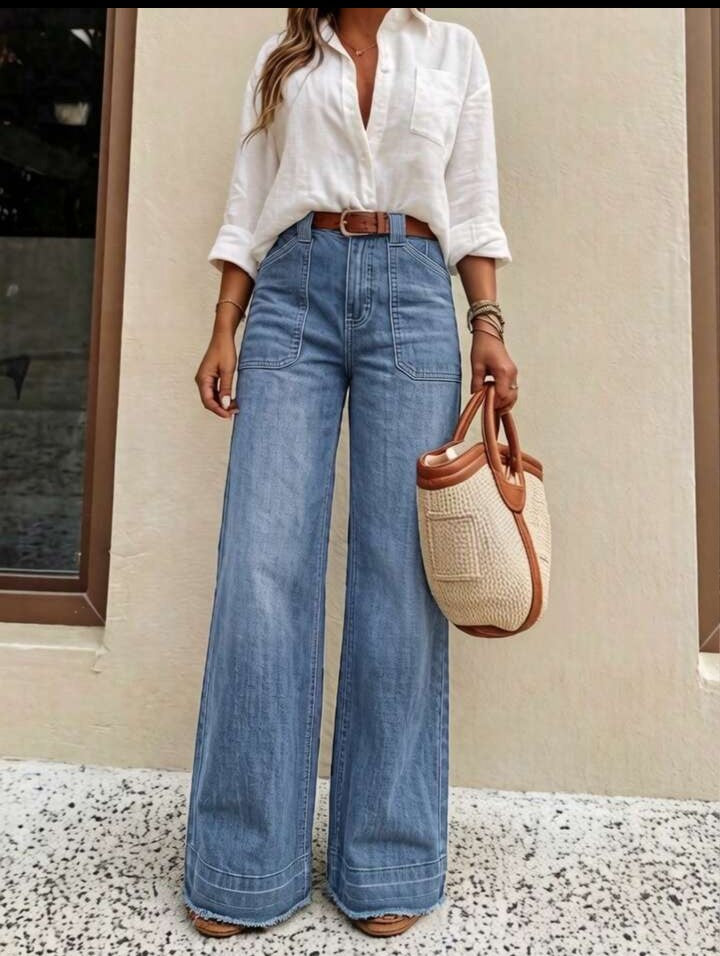 ...Nuevos pantalones vaqueros de pierna ancha de ajuste holgado y de alta calidad para mujer, cómodos, aptos para todas las estaciones, atuendo elegante diario de primavera