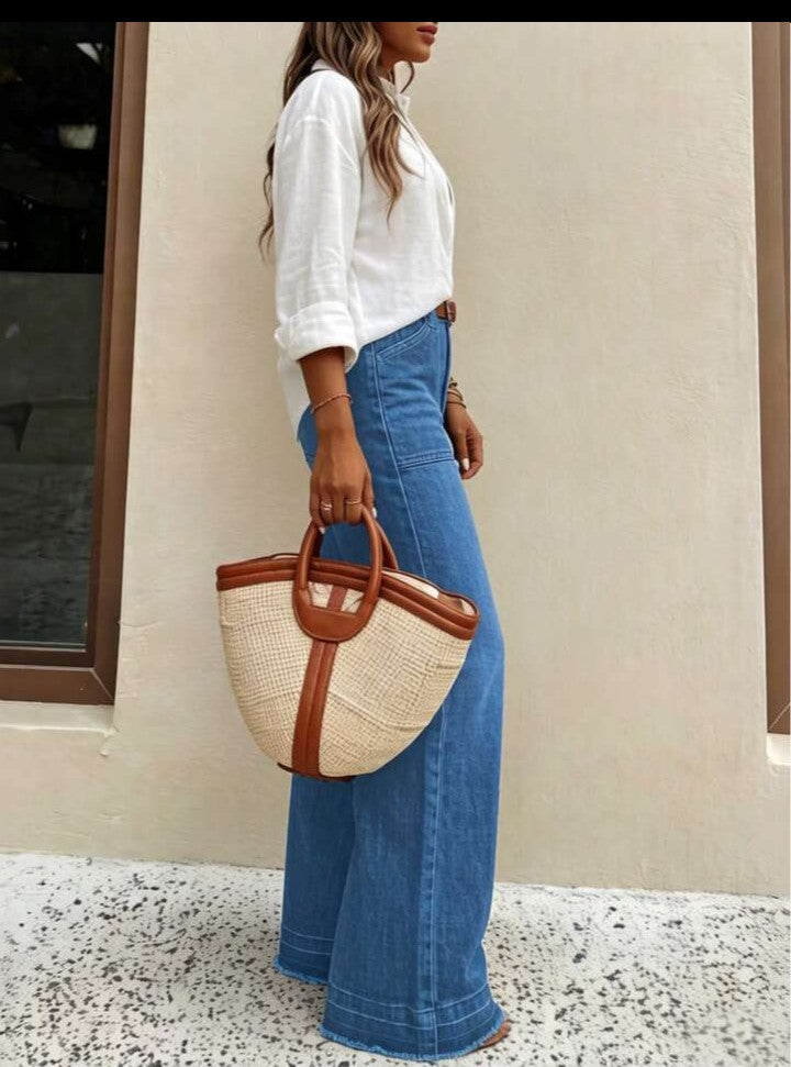 ...Nuevos pantalones vaqueros de pierna ancha de ajuste holgado y de alta calidad para mujer, cómodos, aptos para todas las estaciones, atuendo elegante diario de primavera