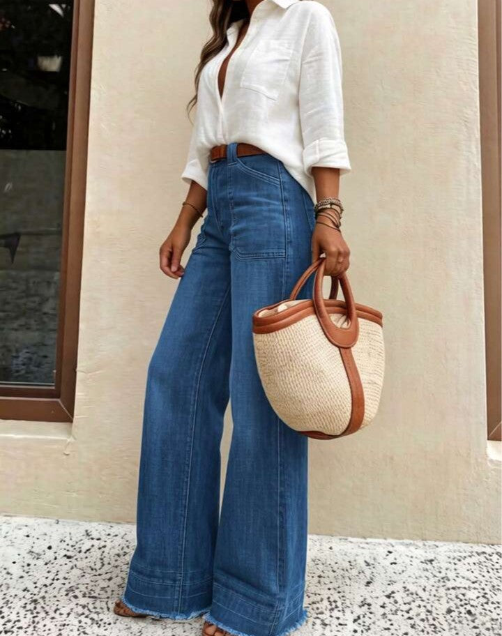 ...Nuevos pantalones vaqueros de pierna ancha de ajuste holgado y de alta calidad para mujer, cómodos, aptos para todas las estaciones, atuendo elegante diario de primavera