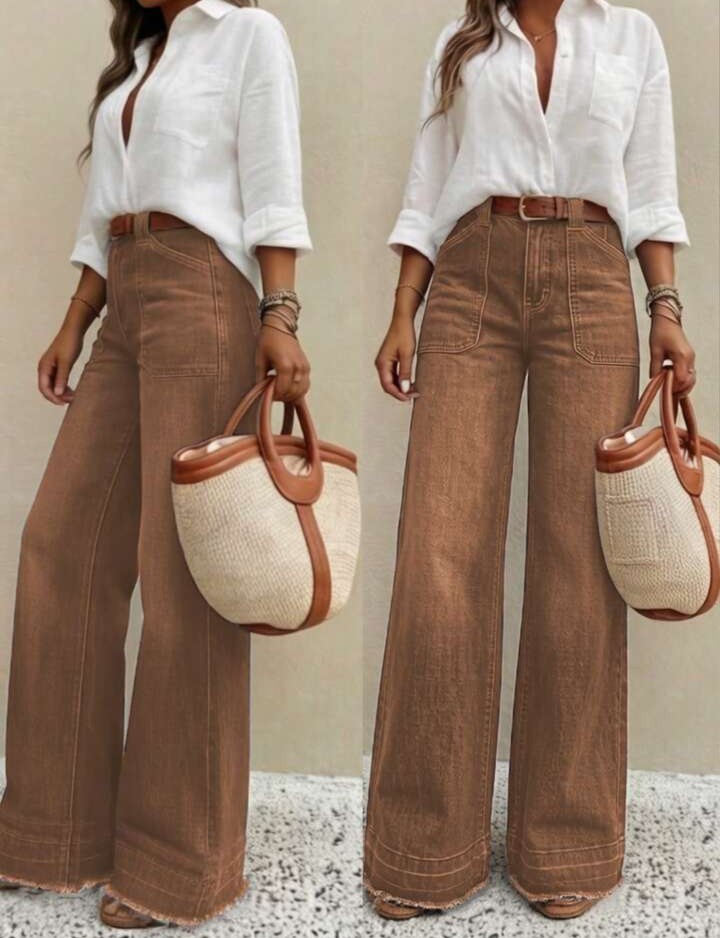 ...Nuevos pantalones vaqueros de pierna ancha de ajuste holgado y de alta calidad para mujer, cómodos, aptos para todas las estaciones, atuendo elegante diario de primavera
