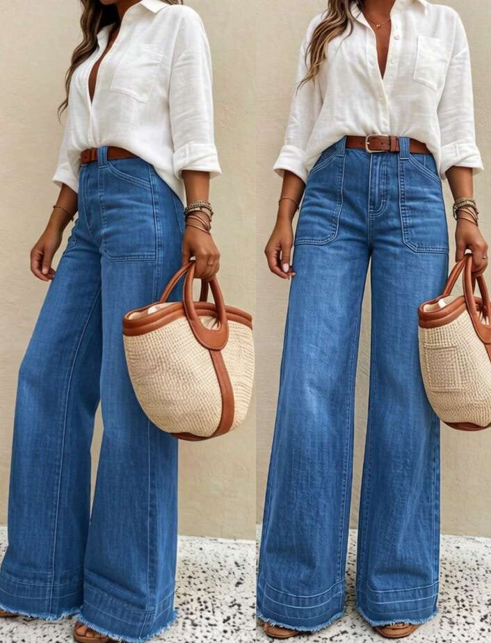 ...Nuevos pantalones vaqueros de pierna ancha de ajuste holgado y de alta calidad para mujer, cómodos, aptos para todas las estaciones, atuendo elegante diario de primavera