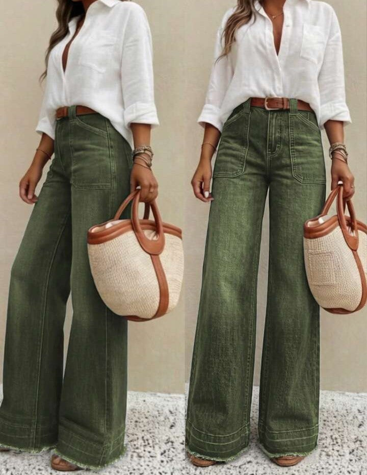 ...Nuevos pantalones vaqueros de pierna ancha de ajuste holgado y de alta calidad para mujer, cómodos, aptos para todas las estaciones, atuendo elegante diario de primavera