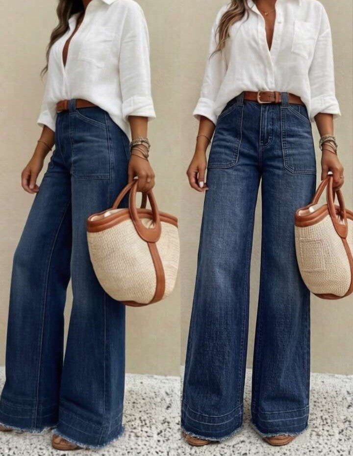 ...Nuevos pantalones vaqueros de pierna ancha de ajuste holgado y de alta calidad para mujer, cómodos, aptos para todas las estaciones, atuendo elegante diario de primavera